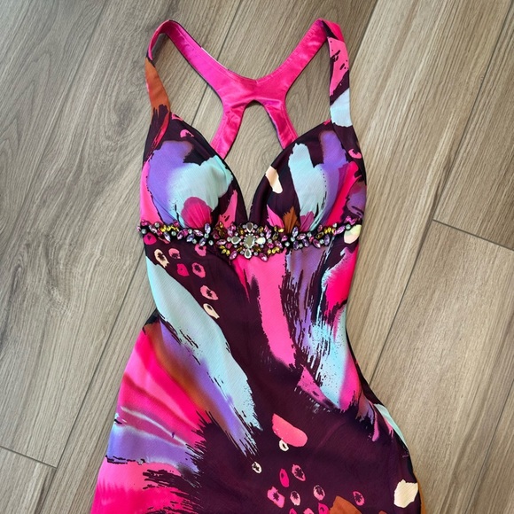 Pink Purple Colorful Abstract Embellished Gown Maxi Prom Dress - Picture 13 of 16